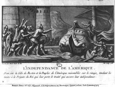 Die amerikanische Unabhängigkeit, eine französische Fregatte bringt den Vertrag nach Boston, graviert von Francois Denis Nee (1732-1817), 1786 von Charles Monnet